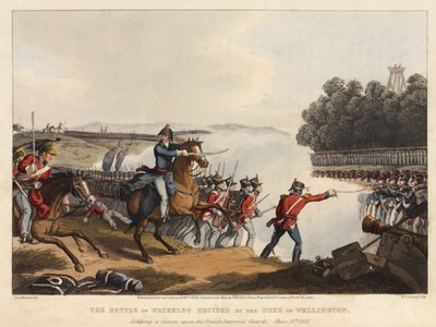 La bataille de Waterloo décidée par le duc de Wellington, menant une charge contre les gardes impériaux français, 18 juin 1815, gravée par M. Dubourg, 1819 - John Augustus Atkinson